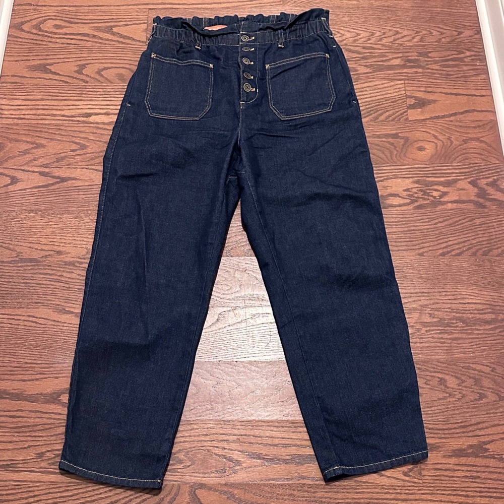 Anthropologie Pilcro Dark Wash Paperbag Waist Button Fly Straight Leg Jeans M